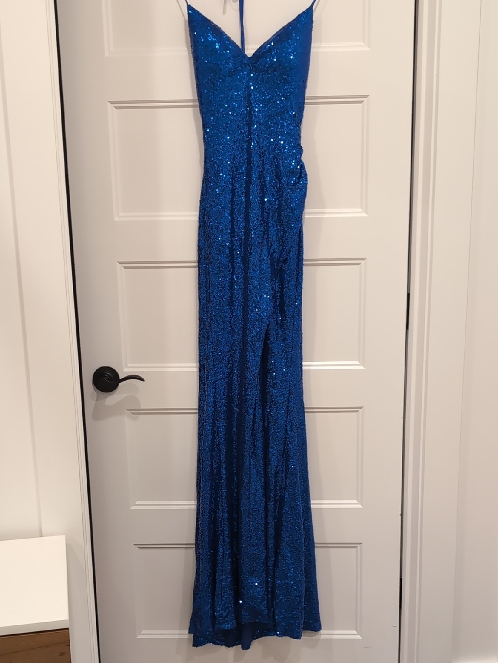 Blue Sequin Spaghetti-Strap Prom Dress
